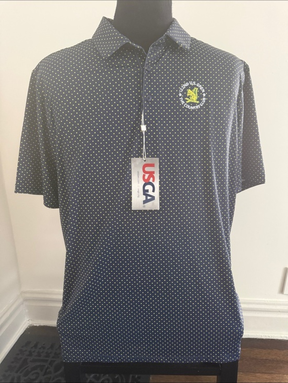 USGA 122nd U.S. Open The Country Club Navy & Yellow Dotted Polo Shirt XL  NWT